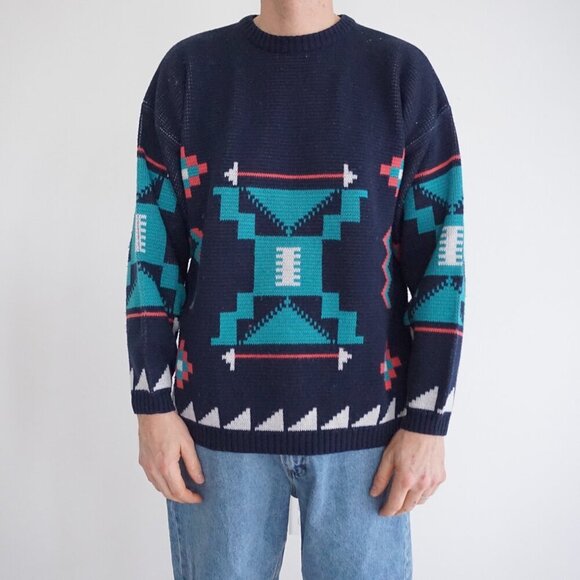 Vintage '80s B.E-Z Navy Teal Aztec Biggie Cosby Chunky Knit Crewneck Sweater L - Picture 1 of 9